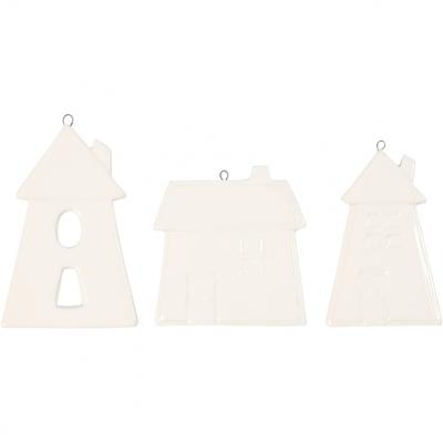 Creativ Company Hangende ornamenten huizen wit, 18st.