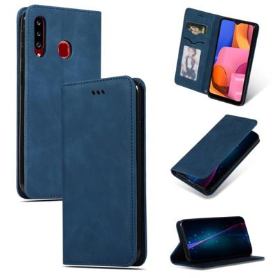 Voor Galaxy A20S retro huid voelen zakelijke magnetische horizontale Flip lederen draagtas (marineblauw)