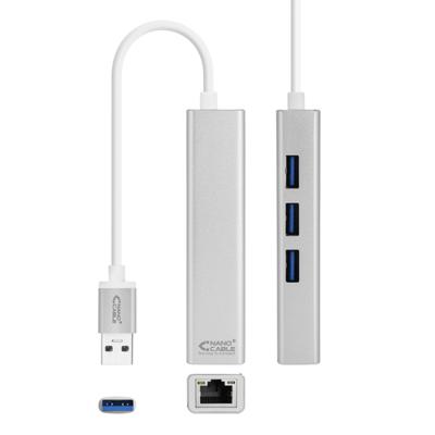 NANOCABLE 10.03.0403 netwerkadapter USB 3.0 + HUB 3xUSB 3.0 (Gigabit 10/100/1000 Mbps, Nintendo Switch, PC, laptop, Windows 10.8.7.XP, Vista, Mac OS en Linux), 15 cm