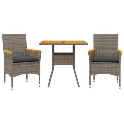 3-delige Tuinset met kussens poly rattan en acaciahout grijs