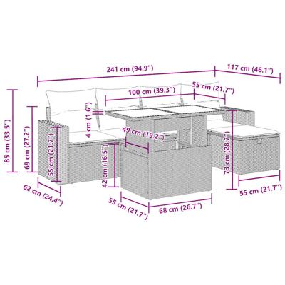 6-delige Loungeset met kussens poly rattan beige