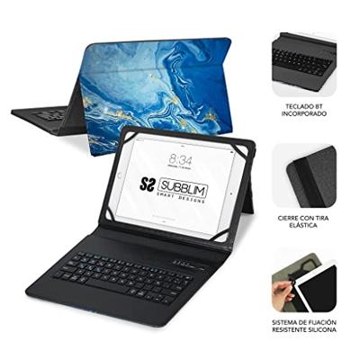 Subblim Tabletbeschermhoes voor 27,9 cm (11 inch), bluetooth-toetsenbord, Spaans toetsenbord, elastiek, oplaadpoort, ultra slim, keytab Pro marmer, blauw (27,9 cm (11 inch), blauw