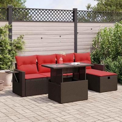 6-delige Loungeset met kussens poly rattan acacia zwart