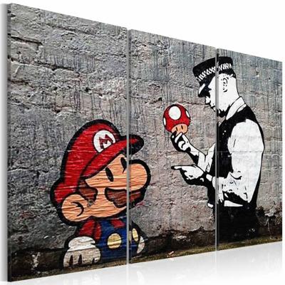 Schilderij - Super Mario Mushroom Cop - Banksy , paddenstoel politie , 3 luik , grijs rood