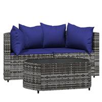 3-delige Loungeset met kussens poly rattan grijs - thumbnail