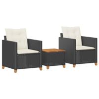 3-delige Bistroset met kussens poly rattan en acaciahout zwart - thumbnail