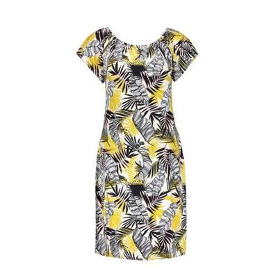 Geisha off shoulder jurk May met bladprint zwart/geel/lichtroze/ecru