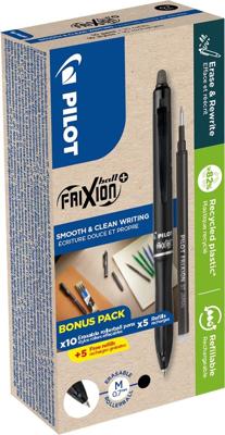 Pilot FriXion Ball Plus roller, medium, zwart, doos van 10 stuks + 10 navullingen