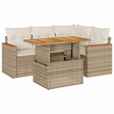 5-delige Loungeset met kussens poly rattan en acaciahout beige