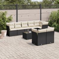 9-delige Loungeset met kussens poly rattan zwart - thumbnail