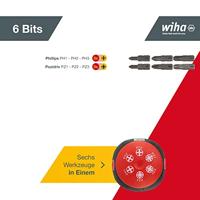 Wiha 380102 Schroevendraaier met bitmagazijn magnetisch Phillips, Pozidriv met 6 bits, Stubby, 1/4" - 33740 - thumbnail