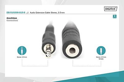Digitus DB-510200-015-S Jackplug Audio Aansluitkabel [1x Jackplug male 3,5 mm - 1x Jackplug female 3,5 mm] 1.50 m Zwart Afgeschermd (enkel), Rond