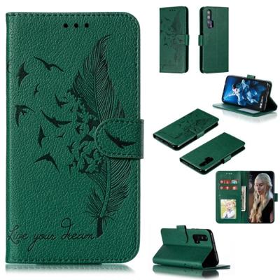 Feather patroon Litchi textuur horizontale Flip lederen draagtas met portemonnee & houder & kaartsleuven voor Huawei Honor 20 Pro (groen)