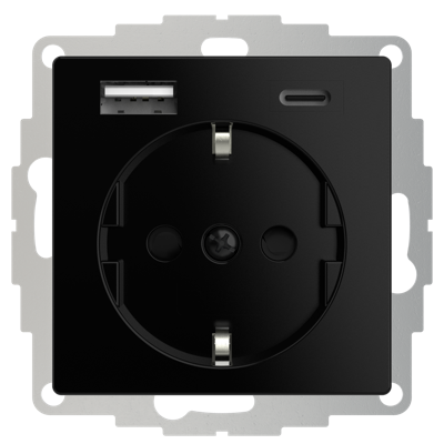 USB en USBC lader 15W 3A glanzend zwart RAL9005 voor een 40mm diepe doos met stopcontact