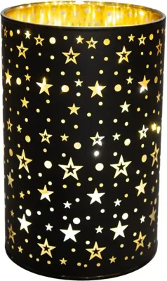 Anna&apos;s Collection LED glazen cylinder 8 lampjes goud/zwart Ø 10 x 15cm