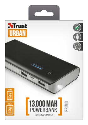 Trust Primo powerbank Zwart, Grijs Lithium-Ion (Li-Ion) 13000 mAh Trust Primo powerbank Zwart, Grijs Lithium-Ion (Li-Ion) 13000 mAh