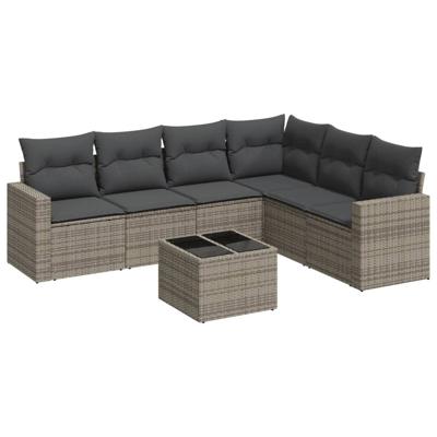 7-delige Loungeset met kussens poly rattan grijs