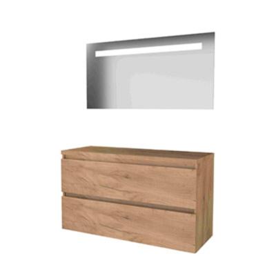 Basic-Line Economic 46 Badkamermeubelset - 120 x 46 cm - Greeploos - 2 Lades - Wastafelblad - Spiegel met LED Verlichting - Whisky Oak
