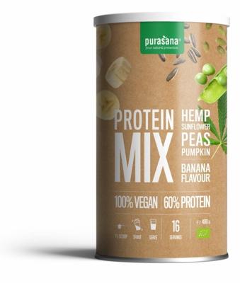 Purasana Protein mix pea sunflower hemp banana vegan bio 400 Gram Purasana Protein mix pea sunflower hemp banana vegan bio 400 Gram