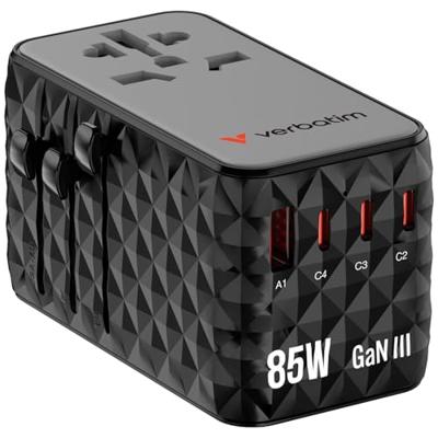 Verbatim GaN Universele reisadapter met geïntegreerde USB-C-kabel, 85 W, stekkeradapter met 1 USB‑A & 3 USB-C-poorten, snellader voor laptop, mobiele telefoon, camera, wereldwijd inzetbaar, 100-250 V