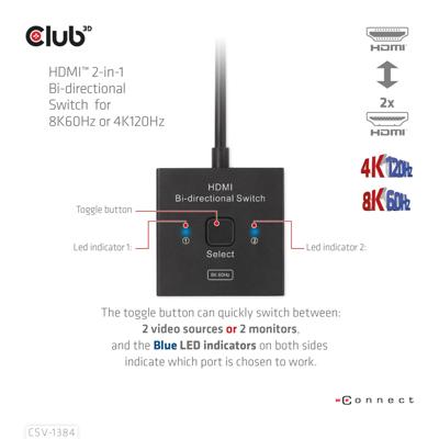 Club 3D hdmi switch 2-in-1 bi-directional for 8k60hz or 4k120hz (zwart, 0.5 meter)