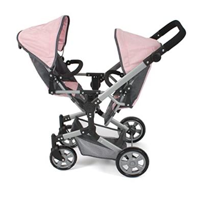 Tweeling Poppenwagen Linus Duo -Melange Antraciet Roze - thumbnail