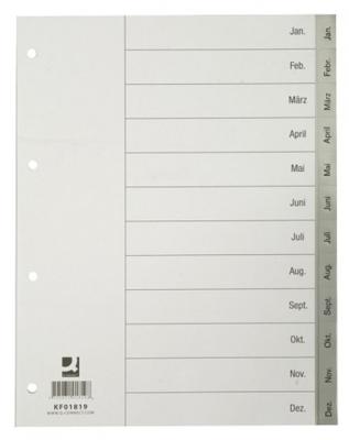 Q-CONNECT tabbladen, A4, PP, 11-gaatsperforatie, met indexblad, set van Jan-Dec, grijs