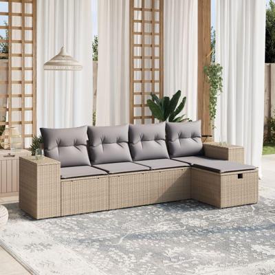 5-delige Loungeset met kussens poly rattan gemengd beige
