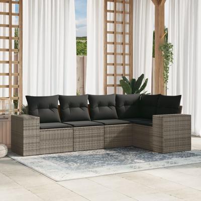 5-delige Loungeset met kussens poly rattan grijs - thumbnail