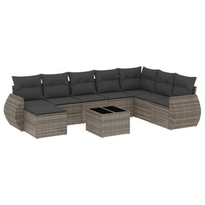 9-delige Loungeset met kussens poly rattan grijs