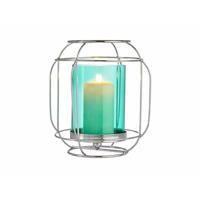 Kaarshouder Zilverkleurig Blauw Lantaarn Metaal Glas 19 x 20 x 19 cm - thumbnail