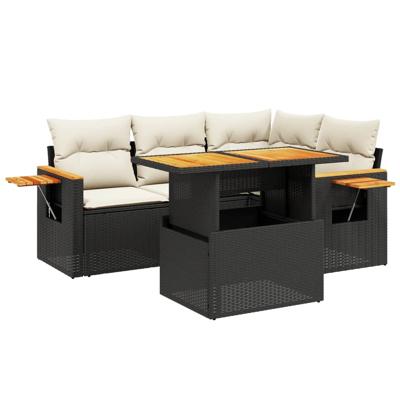 5-delige Loungeset met kussens poly rattan acacia zwart