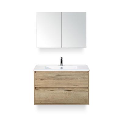Porto Badmeubelset 90 cm - Natuur Eiken - Keramische Wastafel Wit Slim - met Spiegelkast