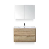 Porto Badmeubelset 90 cm - Natuur Eiken - Keramische Wastafel Wit Slim - met Spiegelkast - thumbnail