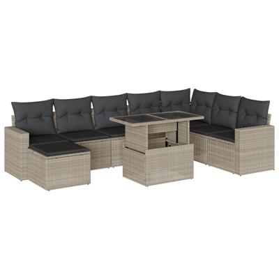 9-delige Loungeset met kussens poly rattan lichtgrijs