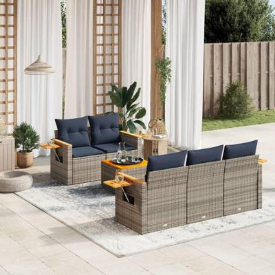 6-delige Loungeset met kussens poly rattan grijs