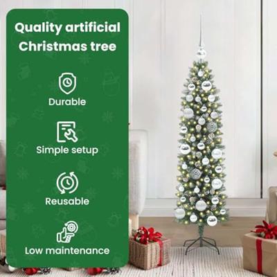 VidaXL Kunstmatige slanke kerstboom met 150 led groen en wit 120 cm