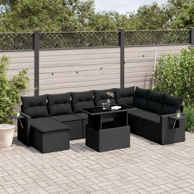 8-delige Loungeset met kussens poly rattan zwart - thumbnail