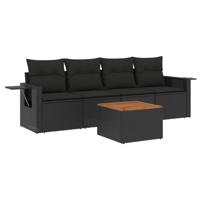 5-delige Loungeset met kussens poly rattan zwart - thumbnail