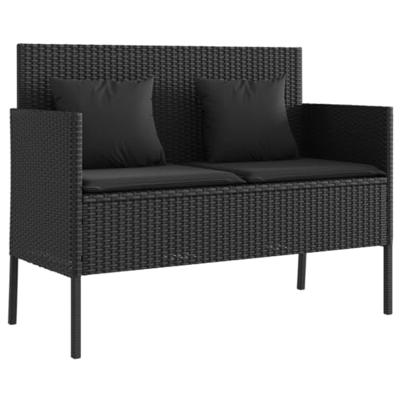 Tuinbank met kussens poly rattan zwart