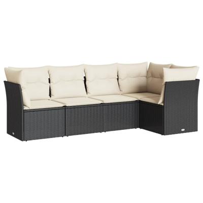5-delige Loungeset met kussens poly rattan zwart - thumbnail