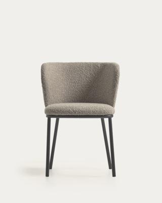 Kave Home Ciselia eetkamerstoel bouclé Lichtgrijs poot zwart