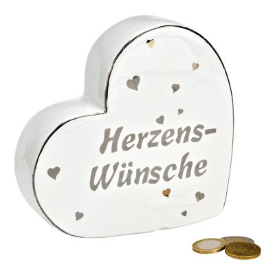 Spaarpot Hart, Hartewensen, van wit keramiek (B/H/D) 16x15x5cm