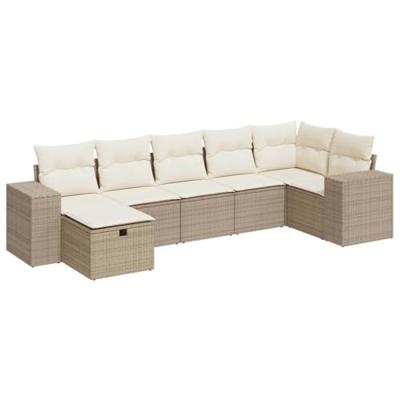 7-delige Loungeset met kussens poly rattan beige