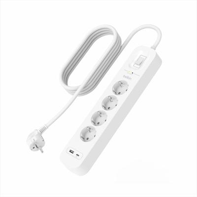 Belkin spanningsbeveiliger met 4 stopcontacten, monteerbare stekkerdoos, voedingskabel van 2 m, groen indicatielampje - USB-C-poort en USB-A-poort, snelladen met USB-C PD - beveiliging tot 525 joule