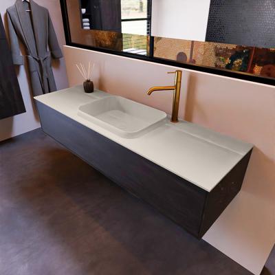 Badkamermeubelset Mondiaz Erin 150 cm met 1 Lade met RIDGE Wastafel Midden Linen met 1 kraangat Greeploos Mat Dark Brown