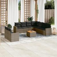 10-delige Loungeset met kussens poly rattan grijs - thumbnail