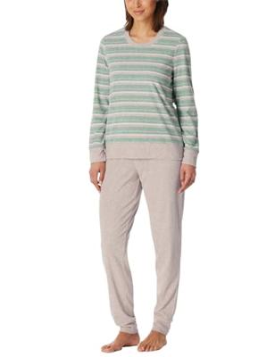 Dames pyjama badstof - Streep - Warme winter pyjama lange mouwen - Ronde hals - Met boordjes