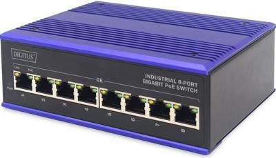 DIGITUS PoE netwerk-switch - 8-poorts Gigabit Ethernet - DIN-rail montage - klemlijst - Ventilatorloos - Zwart/blauw