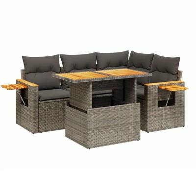5-delige Loungeset met kussens poly rattan acacia grijs